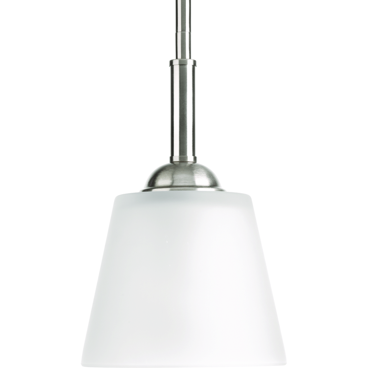 The one-light mini-pendant from the Arden collection offers a comfortable silhouette that is both rustic and modern. A substantial stem suspends etched glass. This transitional style fixture is finished in Brushed Nickel.