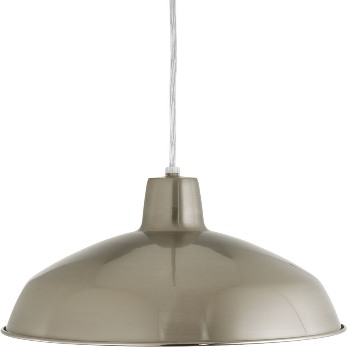 One-light LED industrial style warehouse cord-hung pendant with spun metal shade. Gloss white inside shade for reflectivity. 3000K, 90CRI, 1,211 lumens 71.2 lumens/watt per module (source). Brushed Nickel finish.