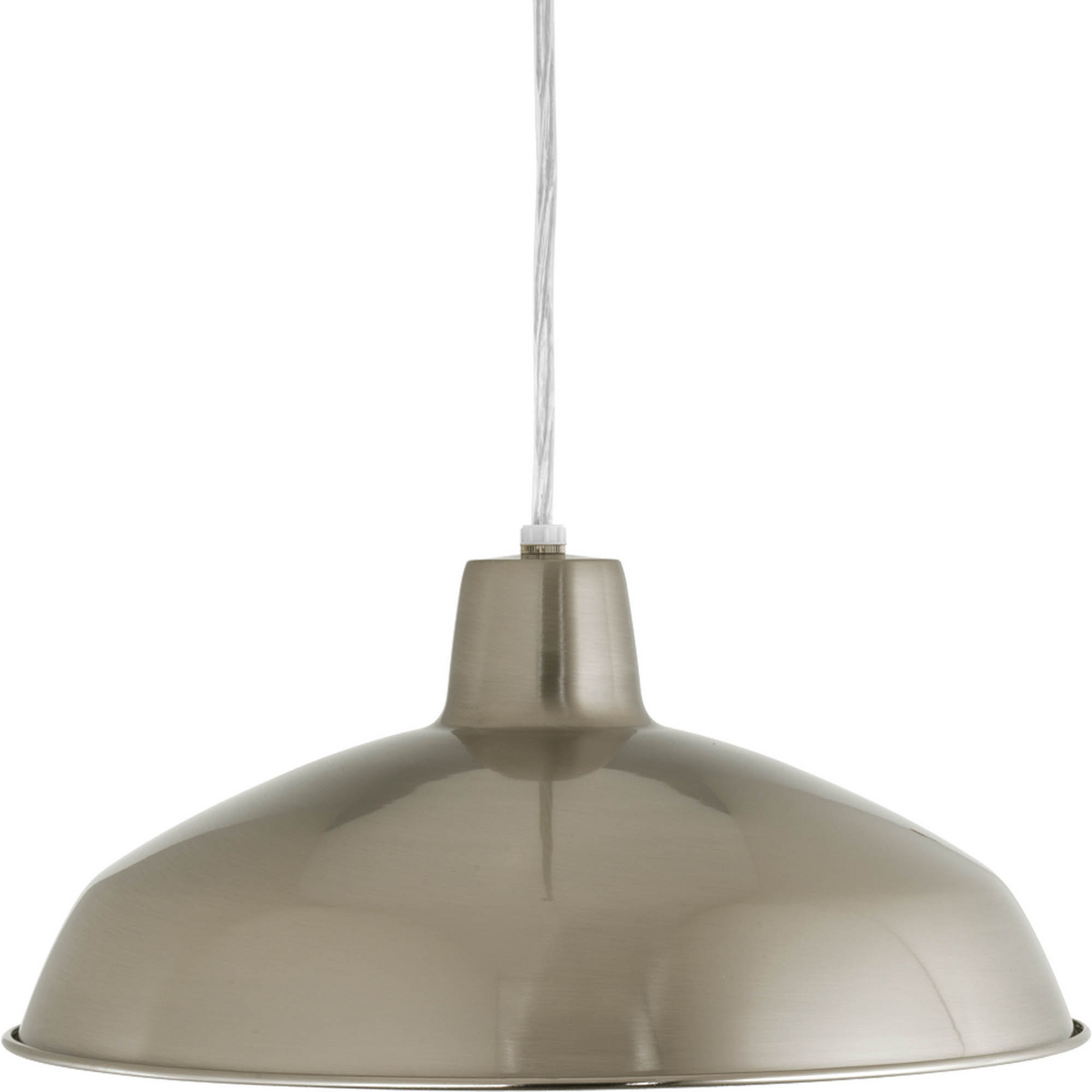 One-light industrial style warehouse cord-hung pendant with spun metal shade. Gloss white inside shade for reflectivity. 3 Conductor SVT clear cord.
