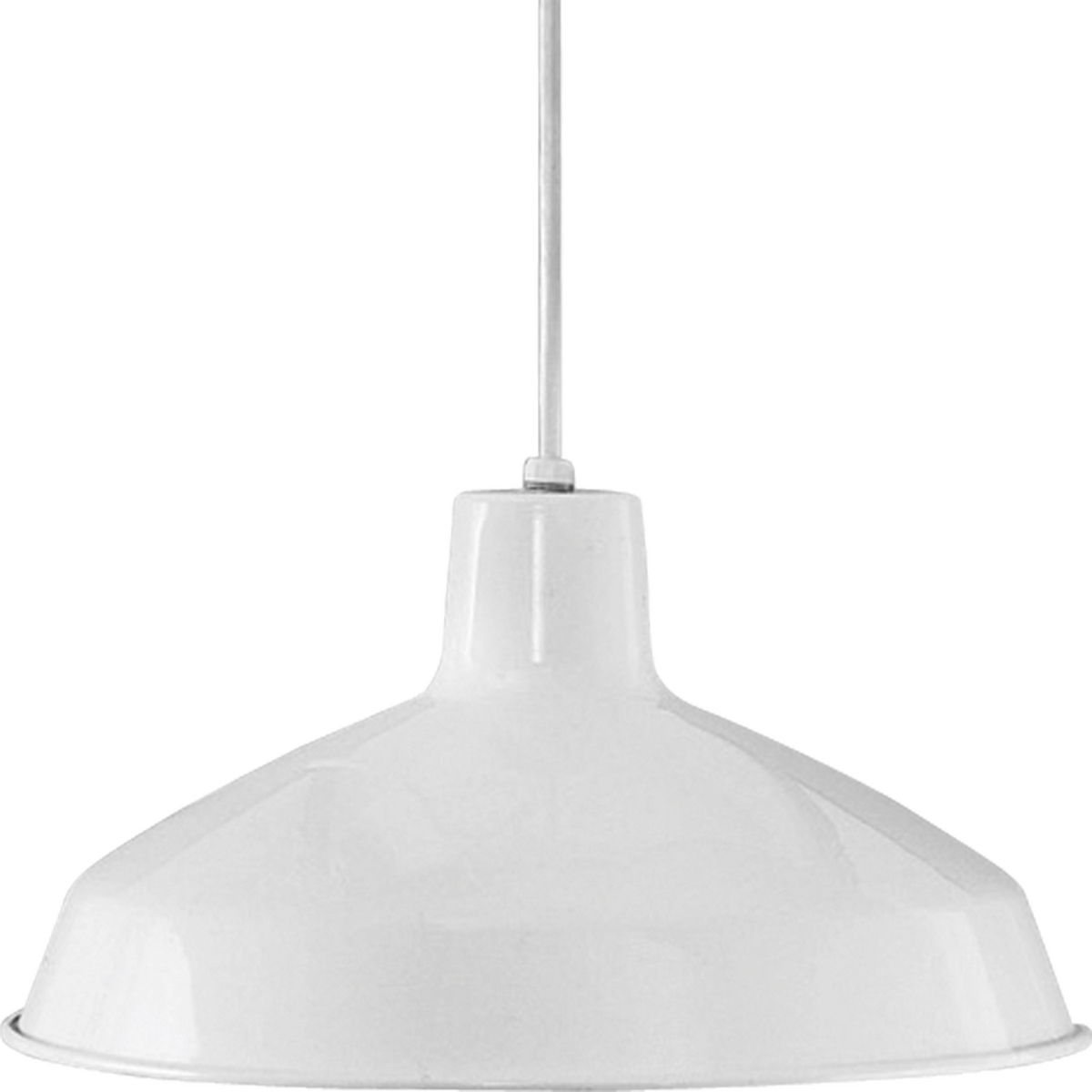 One-light industrial style warehouse cord-hung pendant with spun metal shade. Gloss white inside shade for reflectivity. 3 Conductor SVT white cord. White finish.