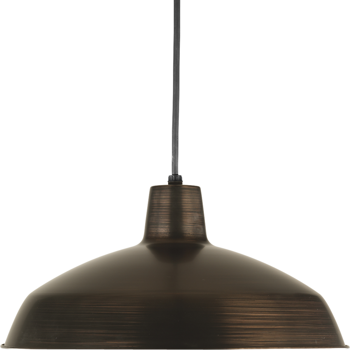 One-light industrial style warehouse cord-hung pendant with spun metal shade. Gloss white inside shade for reflectivity. 3 Conductor SVT black cord. Venetian Bronze finish.
