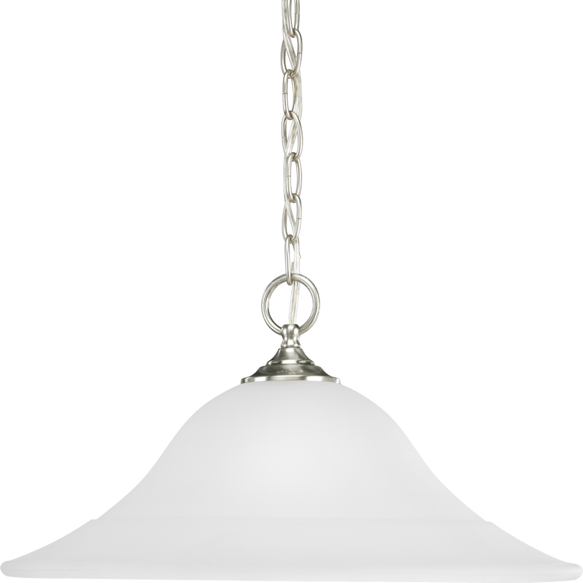 One-light pendant featuring soft angles, curving lines and etched glass shades. Gracefully exotic, the Trinity Collection offers classic sophistication for transitional interiors. Sculptural forms of metal and glass are enhanced by a classic finish. This transitional style can transform a room or your whole home with its charming versatility. Brushed Nickel finish.
