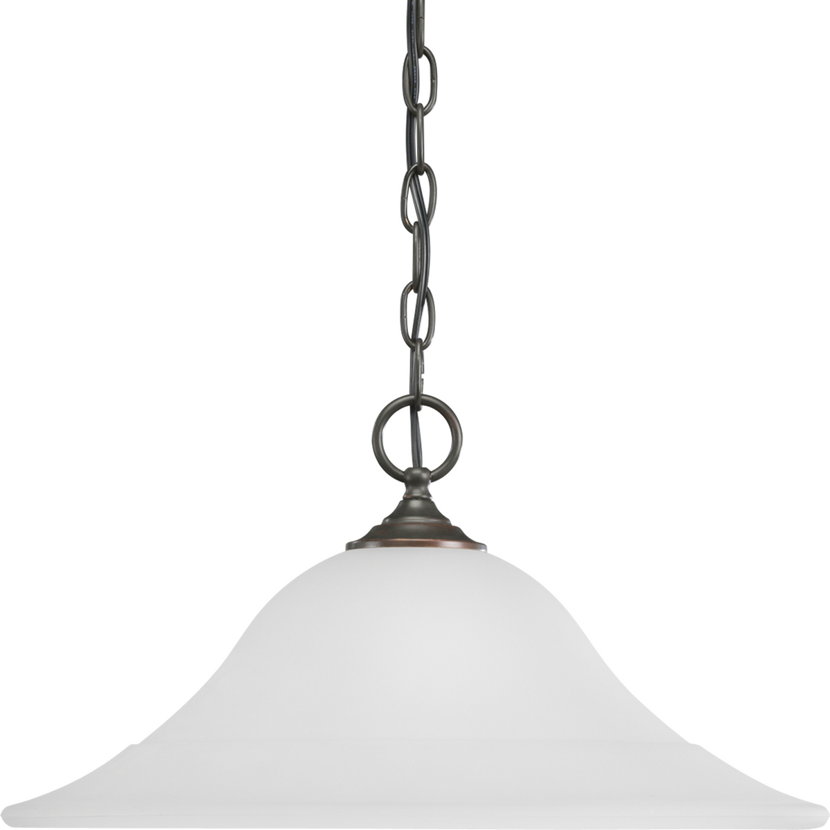 One-light pendant featuring soft angles, curving lines and etched glass shades. Gracefully exotic, the Trinity Collection offers classic sophistication for transitional interiors. Sculptural forms of metal and glass are enhanced by a classic finish. This transitional style can transform a room or your whole home with its charming versatility. Antique Bronze finish.
