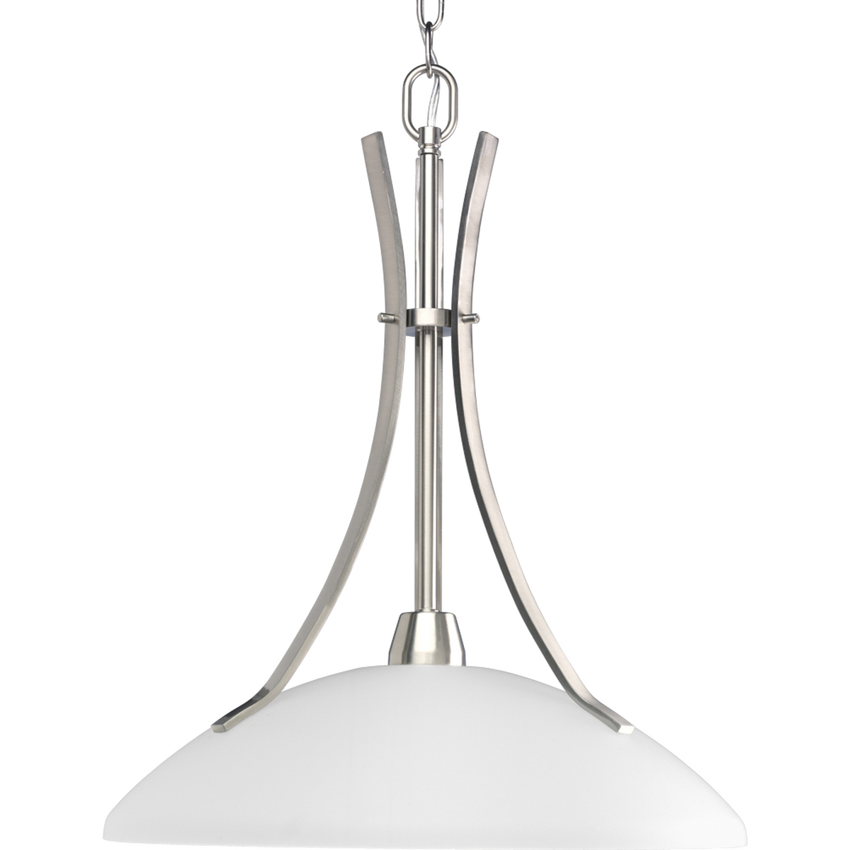 The Wisten Collection features sweeping arcs framing elegant, tapered glass shades. Cool and modern with a casual flair, Wisten provides a signature look to any room. One-light pendant with etched glass in a Brushed Nickel finish.