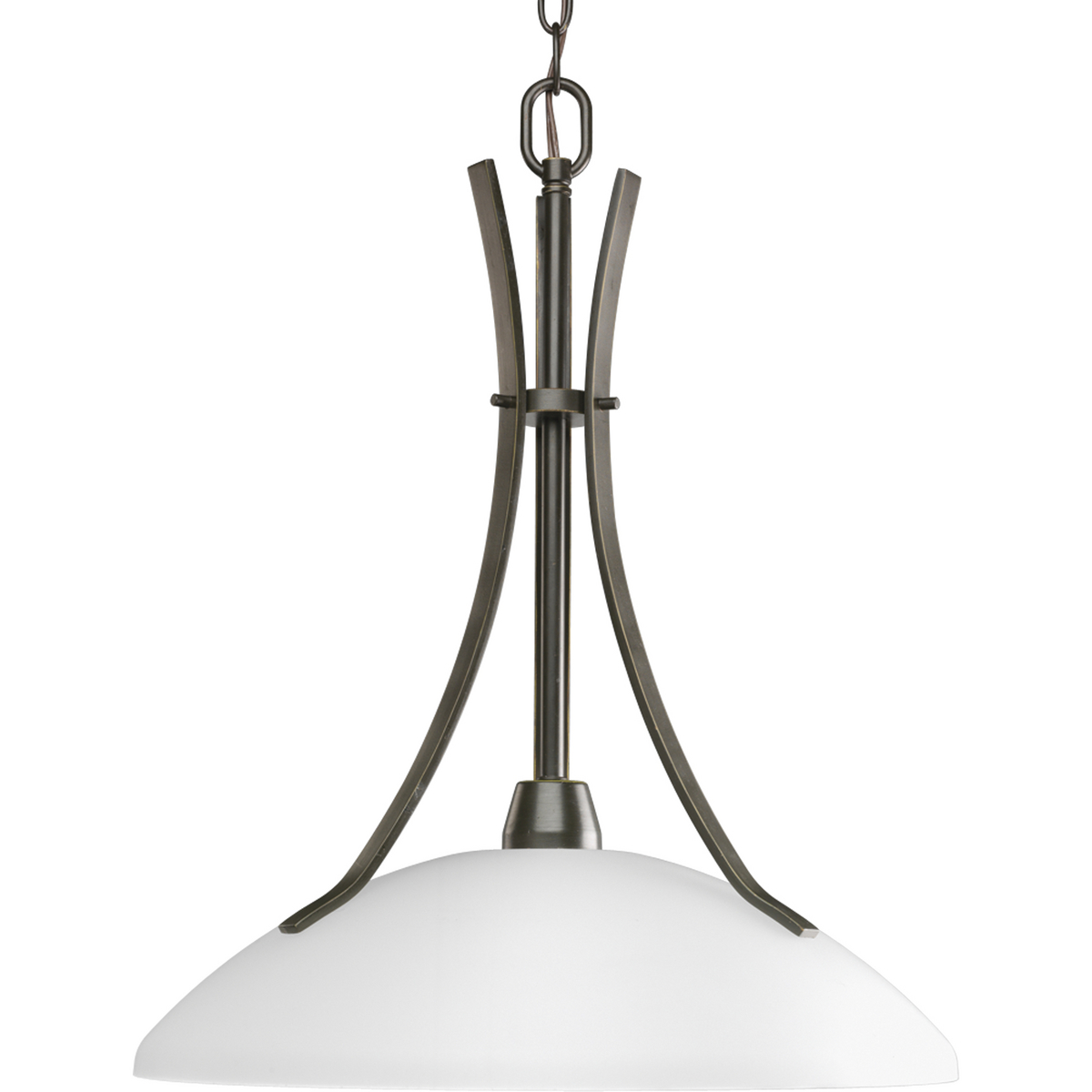 The Wisten Collection features sweeping arcs framing elegant, tapered glass shades. Cool and modern with a casual flair, Wisten provides a signature look to any room.  One-light pendant with etched glass in an Antique Bronze finish.