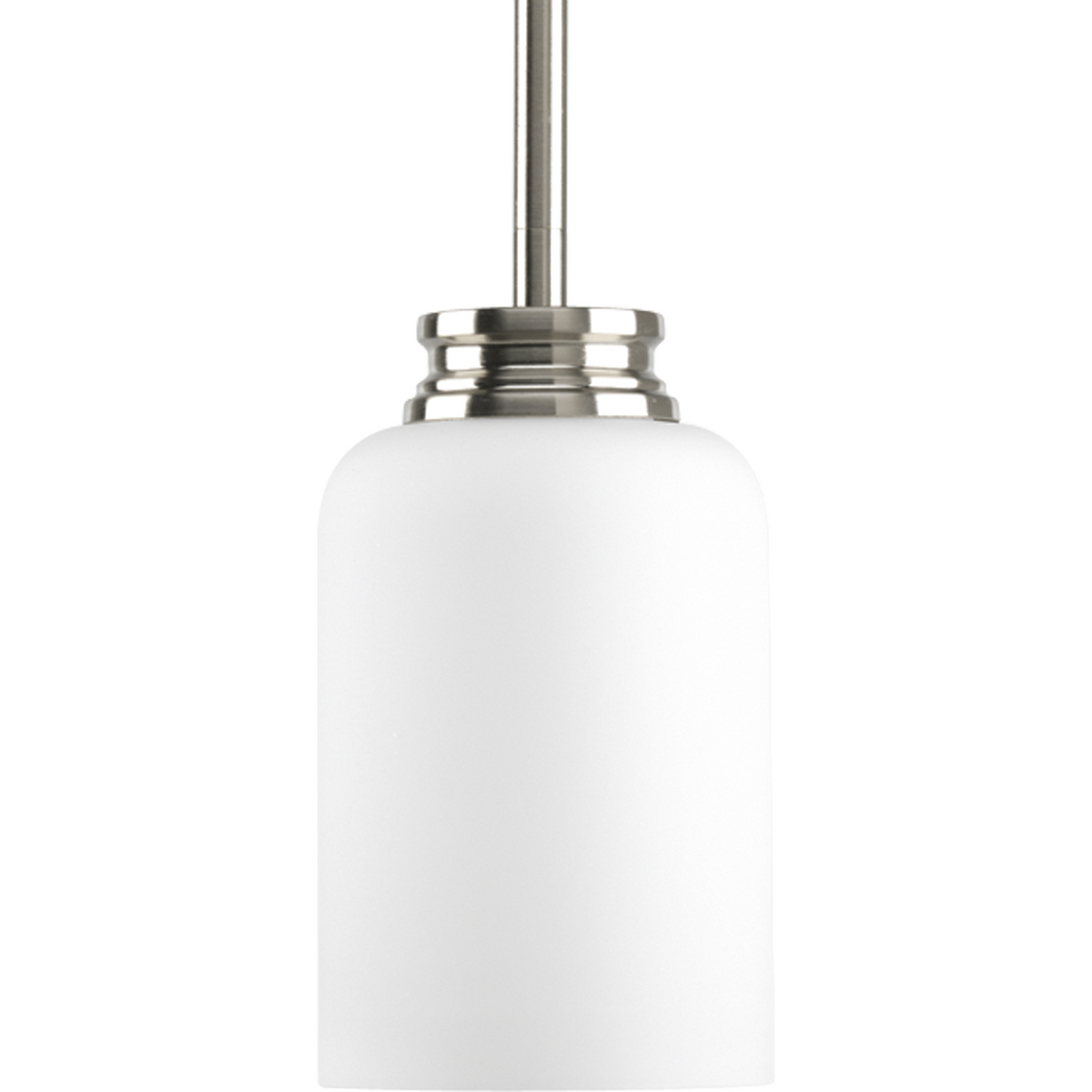 One-light mini-pendant with opal etched glass shades in a Brushed Nickel finish.