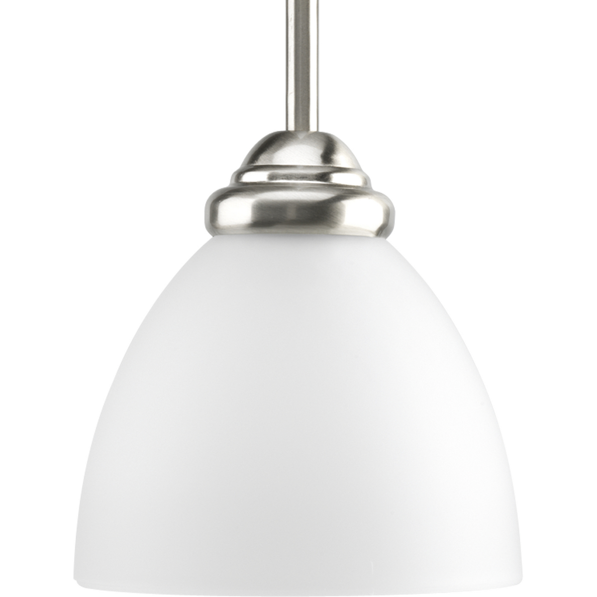 One-light Brushed Nickel mini-pendant with etched glass shade.