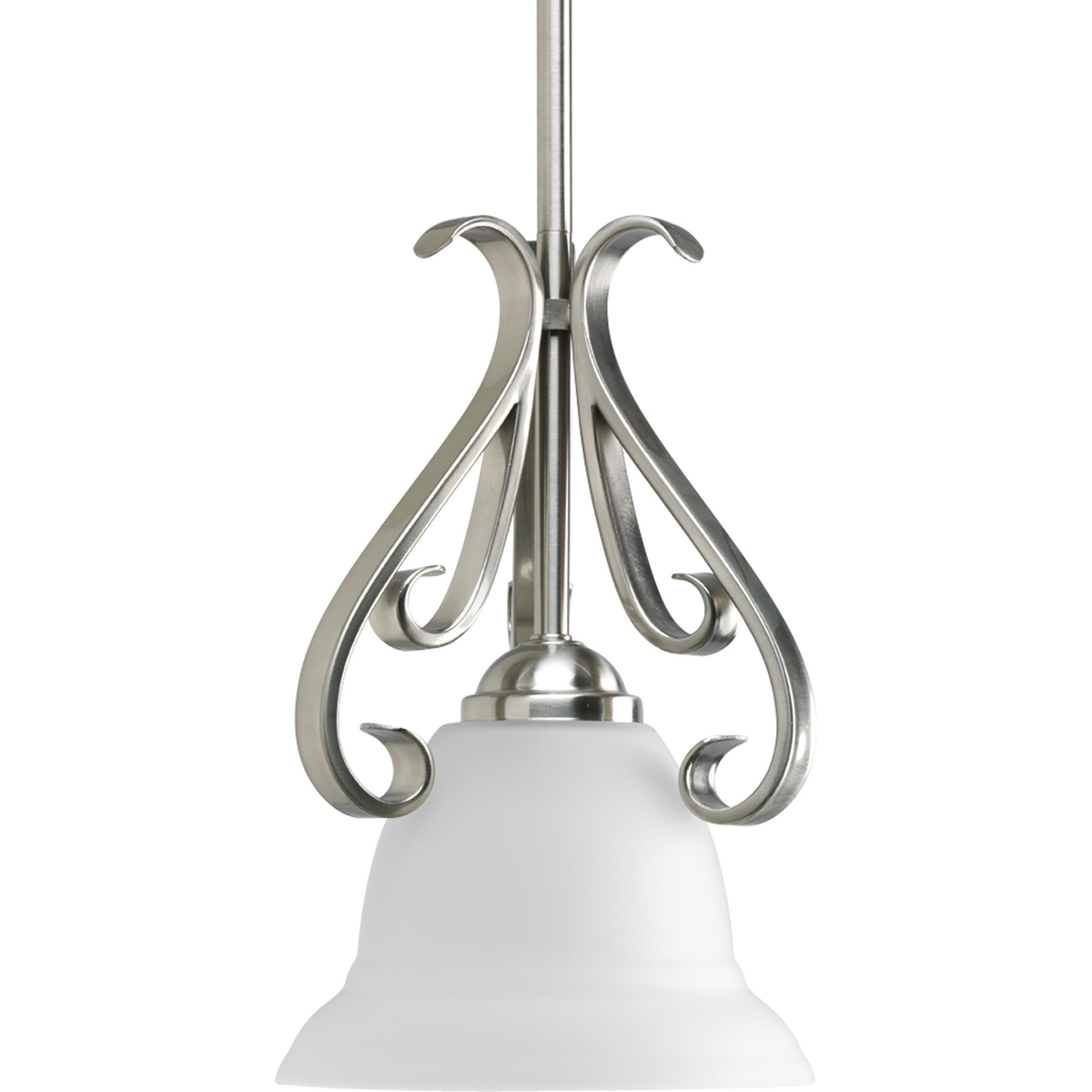 One-light stem-hung mini-pendant with etched white oversized, bell-shaped glass bowl. Distinctive ebbing and flowing of squared scrolls and arms in Brushed Nickel finish.