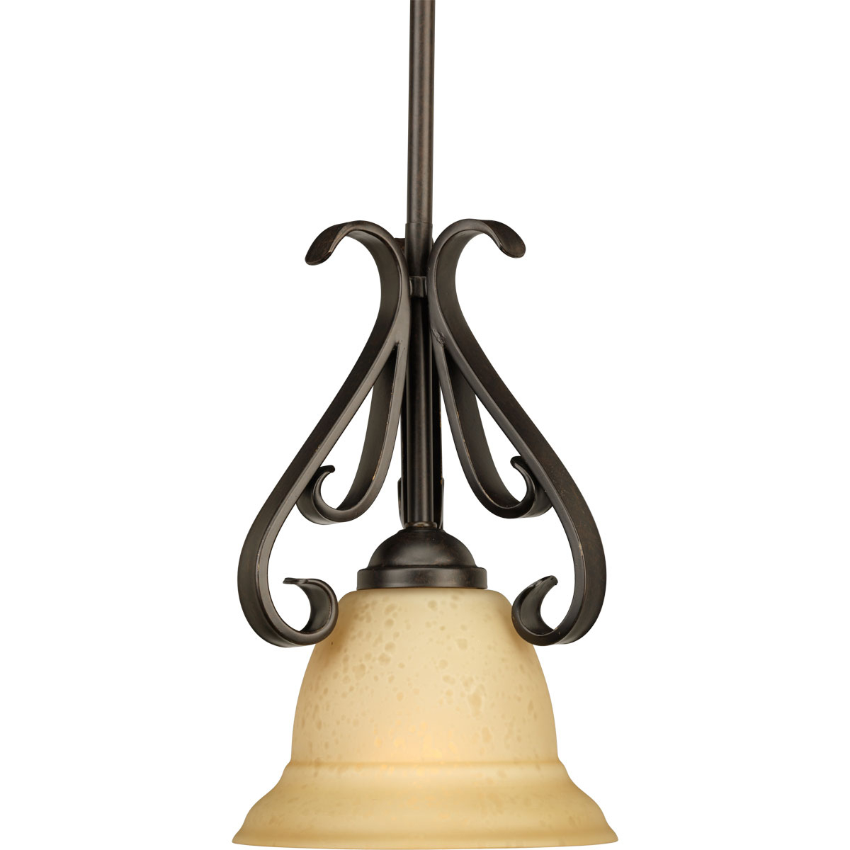 One-light stem-hung mini-pendant with tea stained oversized, bell-shaped glass bowl. Distinctive ebbing and flowing of squared scrolls and arms in Forged Bronze finish.