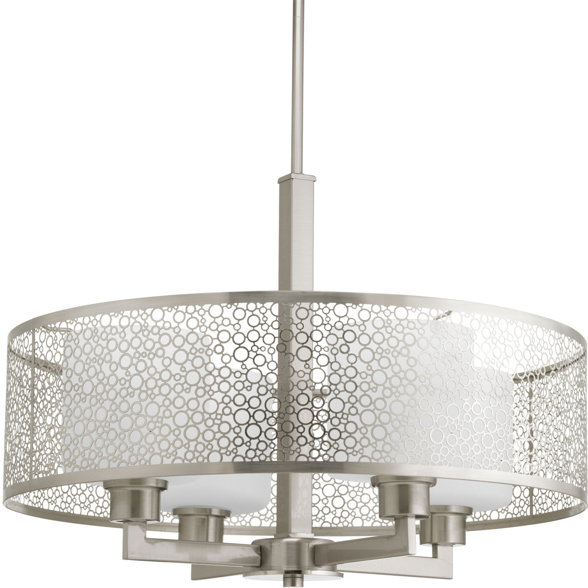 Four-light pendant that features a concentric circular pattern in a brushed nickel metal shade that surrounds etched parchment glass.
