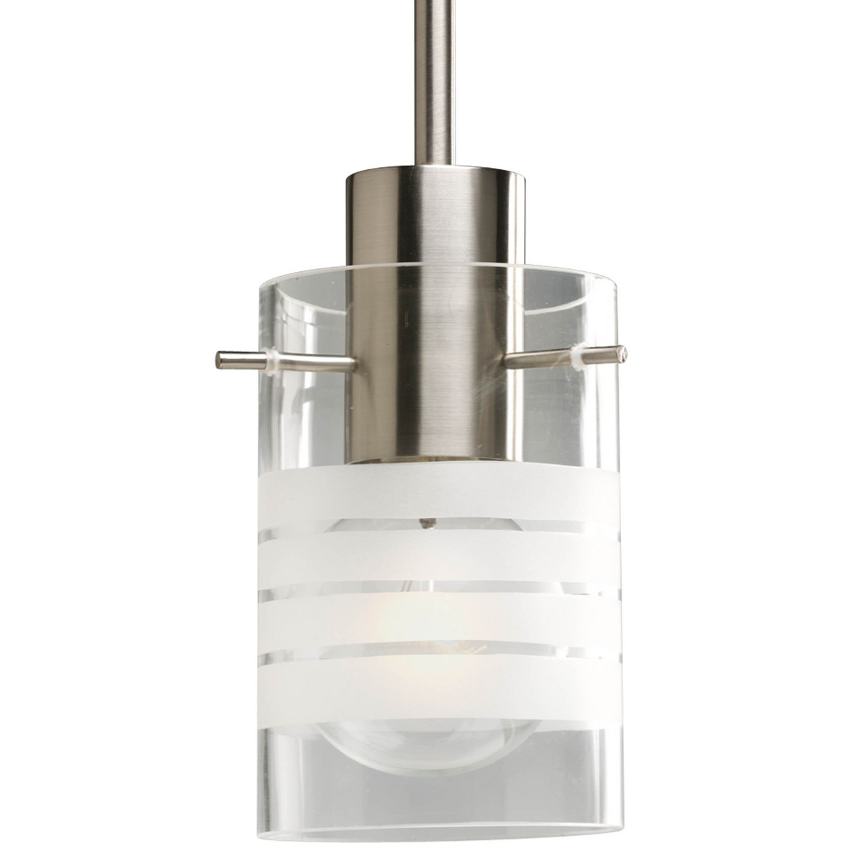 The one-light stem hung mini-pendant feature clear and etched glass shade suspended off the brushed nickel center with cylindrical pins.