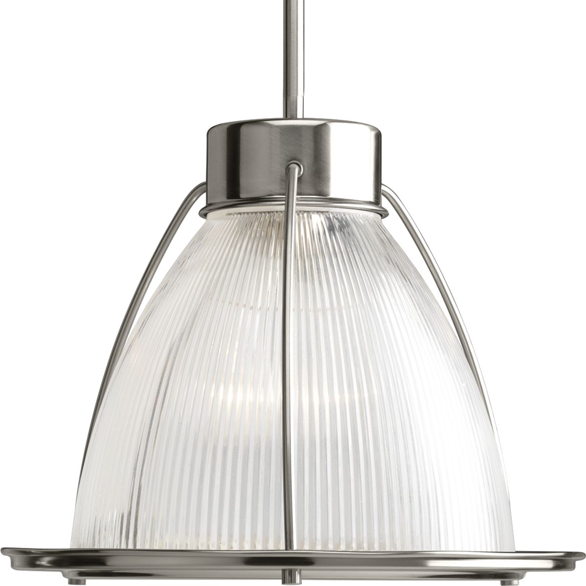 One-light 12-3/4 in pendant with prismatic glass shade for a sleek industrial look. Clear prismatic glass is highlighted with brushed nickel accents.