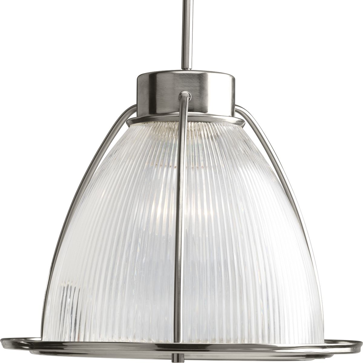 One-light 16 in pendant with prismatic glass shade for a sleek industrial look. Clear prismatic glass is highlighted with brushed nickel accents.