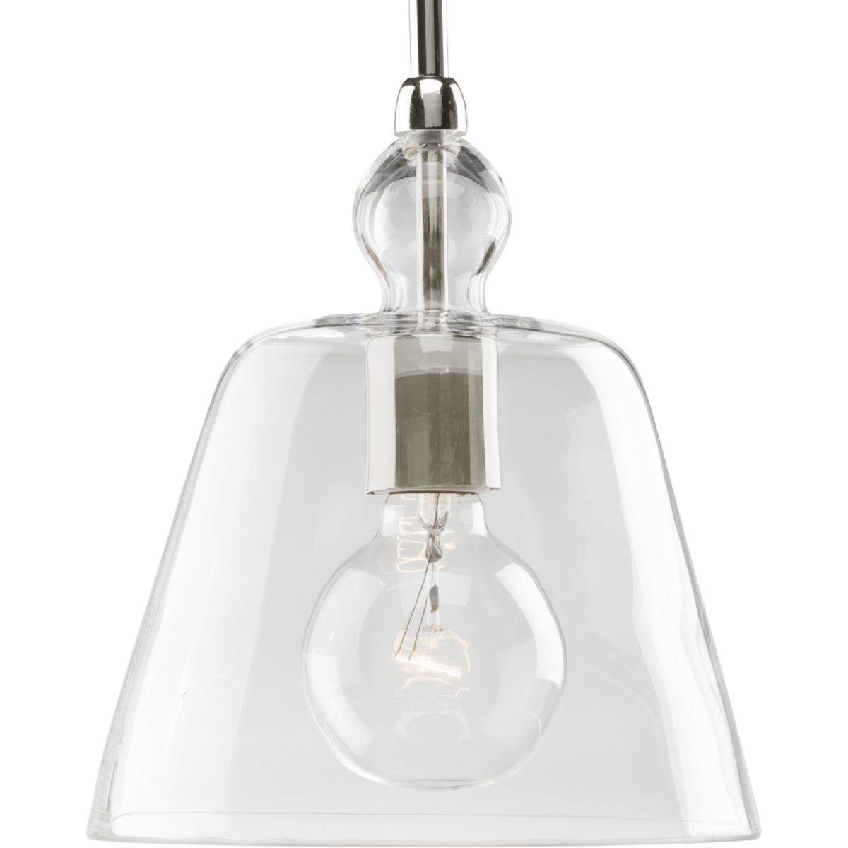 One-light stem hung mini-pendant with hand-blown clear glass and a hint of polished nickel peering through.