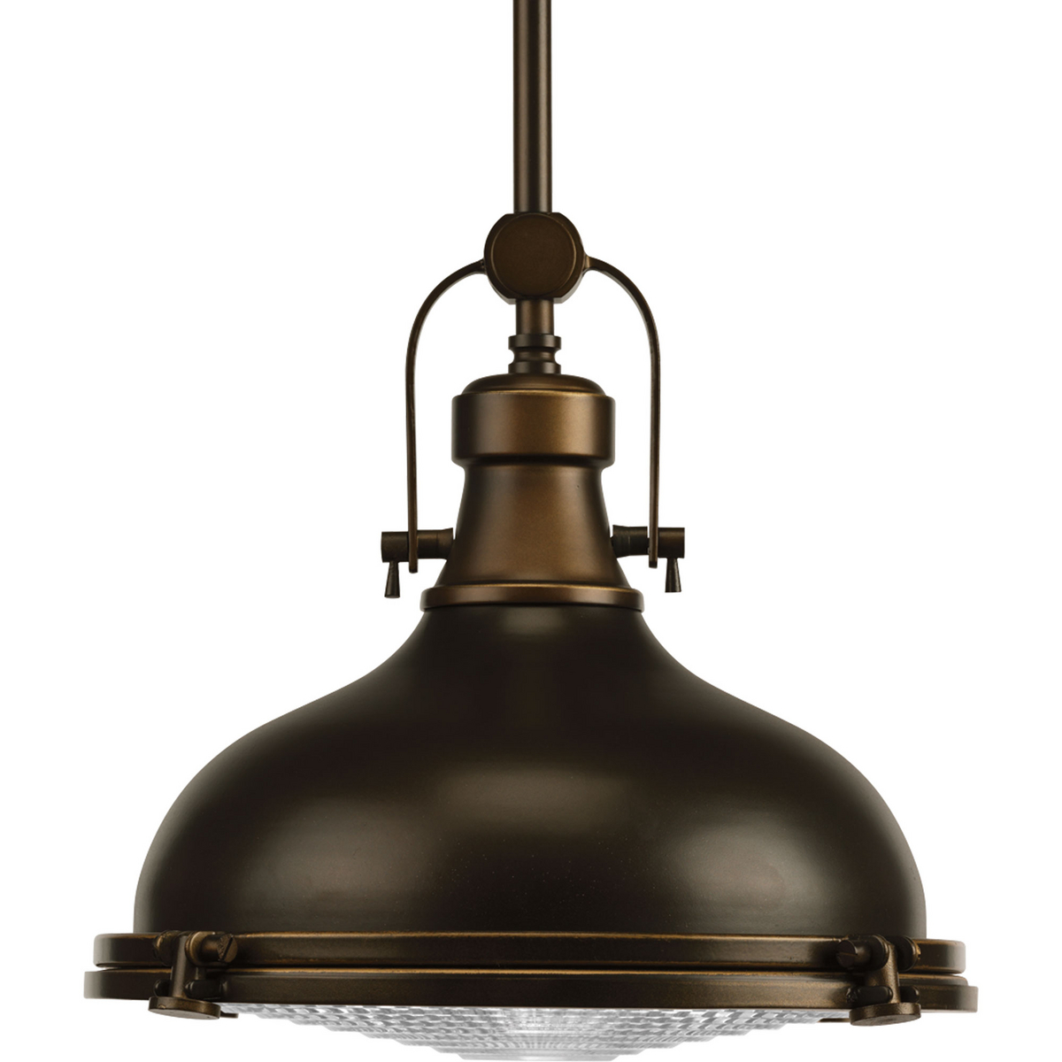 The one-light 12 in pendant features industrial roots in both form and function. The Oil Rubbed Bronze finish highlight the high-quality prismatic glass which adds to the historical aesthetic. Antique style fixture includes a hinge-locking nautical design. Perfect above a kitchen island in pairs or threes, use for additional ambience or task lighting in, breakfast nooks, islands, offices, and dining rooms or anywhere a pendant light can be placed. 3000k, 90+ CRI 1,211 lumens 71.2 lumens/watt per module (source).