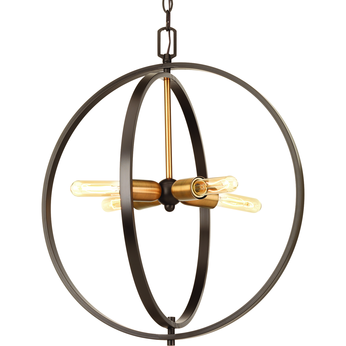 The four-light sphere medium pendant within the Swing Collection features mixed metal accents in an Antique Bronze finish with Vintage Brass candle holders. The vintage undertones adds style to dining rooms and kitchens.