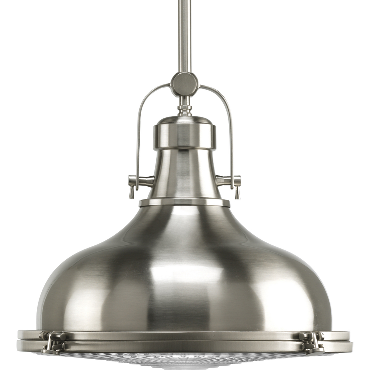 The one-light 16 in pendant features industrial roots in both form and function. The Brushed Nickel finish highlight the high-quality prismatic glass which adds to the historical aesthetic. Antique style fixture includes a hinge-locking nautical design allowing for easy bulb changes. Perfect above a kitchen island in pairs or threes, use for additional ambience or task lighting in, breakfast nooks, islands, offices, and dining rooms or anywhere a pendant light can be placed.