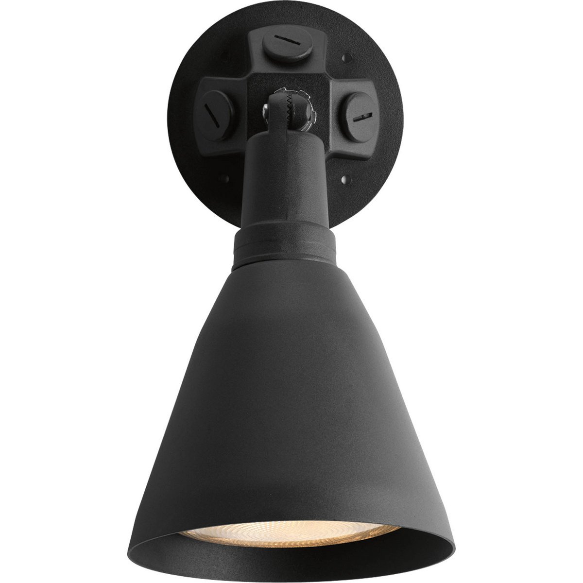 Outdoor adjustable swivel floodlight in a painted Black finish and solid Aluminum construction.