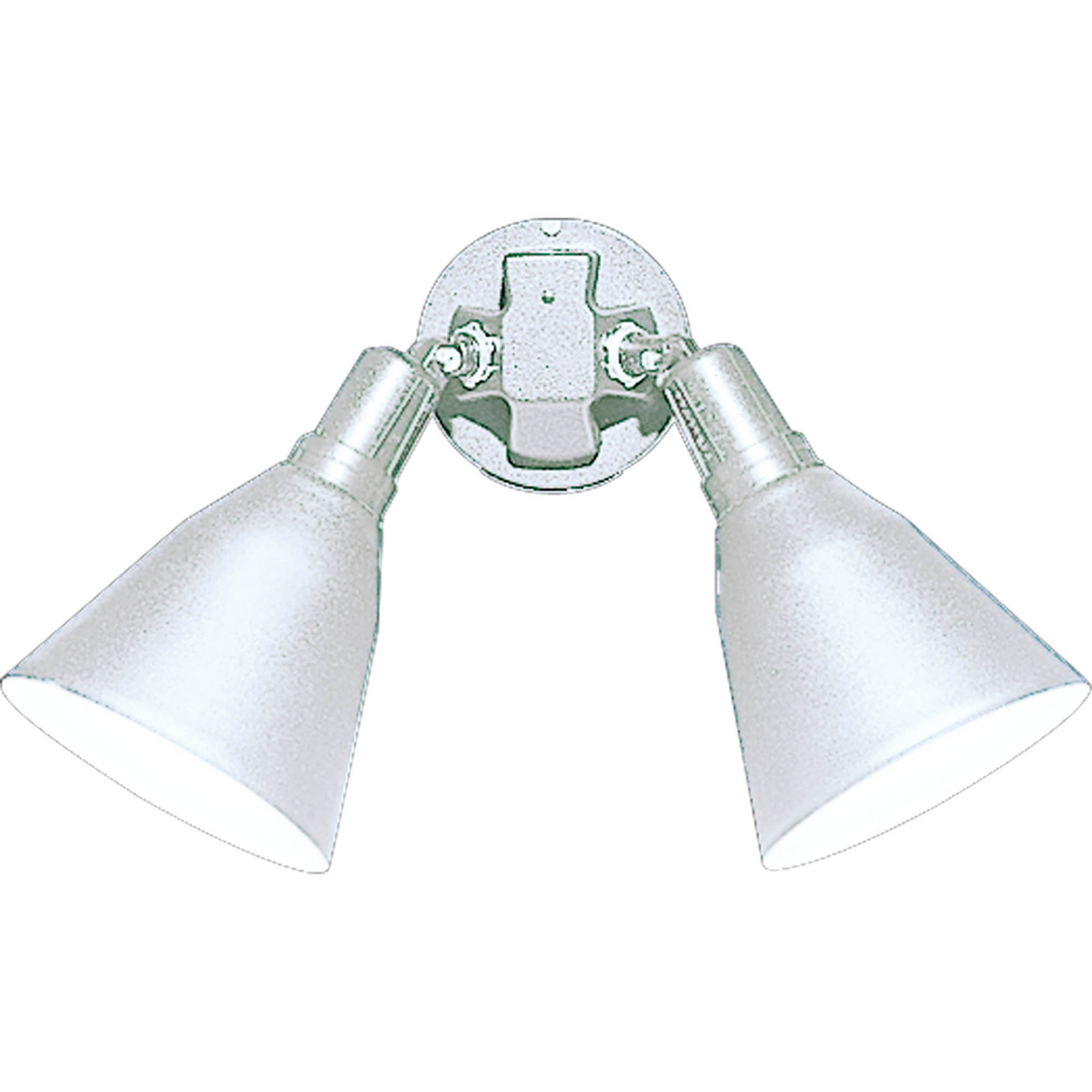 Outdoor adjustable two-headed swivel floodlight with lamp shroud n a painted White finish and solid Aluminum construction.