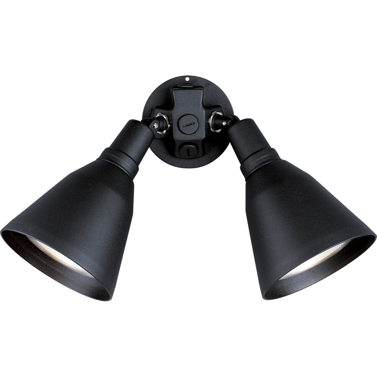 Outdoor adjustable two-headed swivel floodlight in a painted Black finish and solid Aluminum construction.