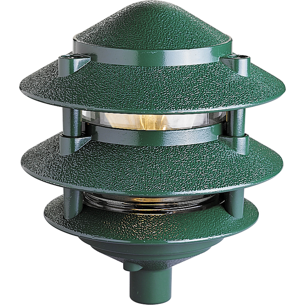 Pagoda three-tier style one-light die-cast aluminum landscape with clear glass liner in a Green painted finish. 1/2 IP threaded fitting. Mounts on landscape post (P8562-31), stake (P5233-31) or approved weatherproof box (order separately).