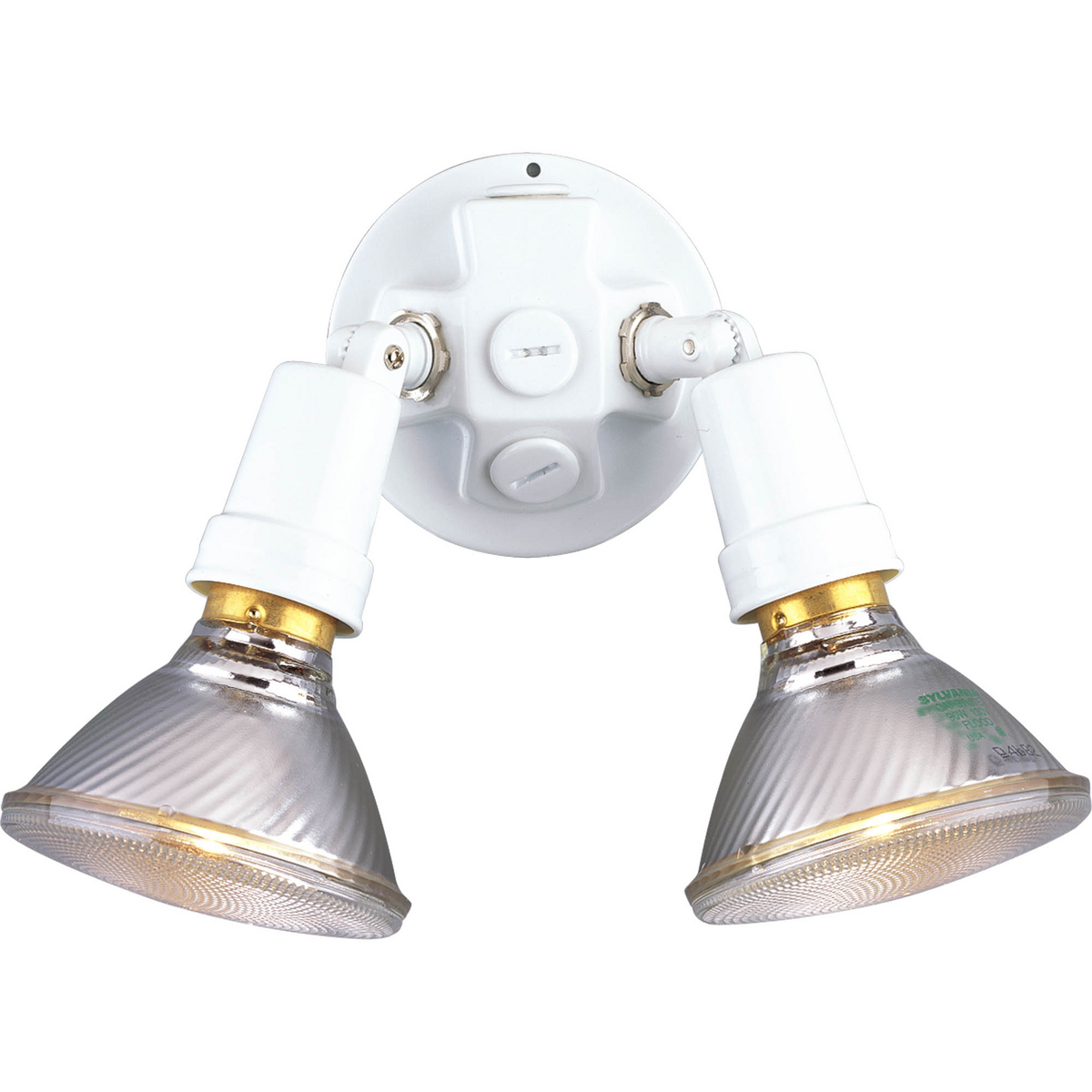Outdoor adjustable two-headed swivel floodlight in a painted White finish and solid Aluminum construction.