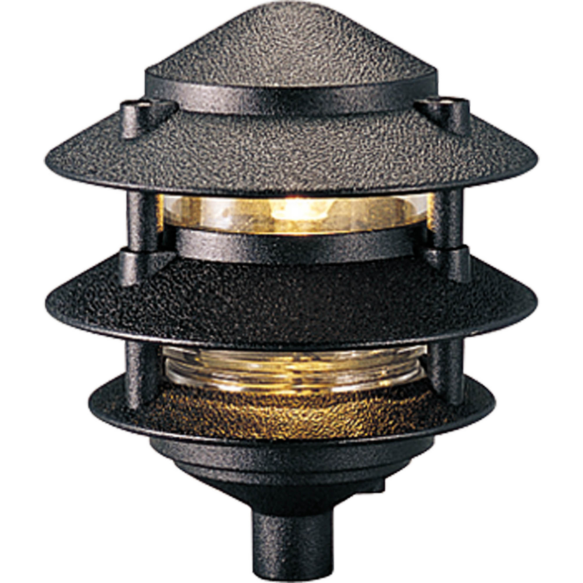 Low voltage pagoda three-tier style one-light die-cast aluminum landscape with a clear glass liner in a Black finish. 1/2 IP threaded fitting. Connector, stake and 18w T5 wedge base lamp included. Units must be wired to a 12V transformer with proper capacity.