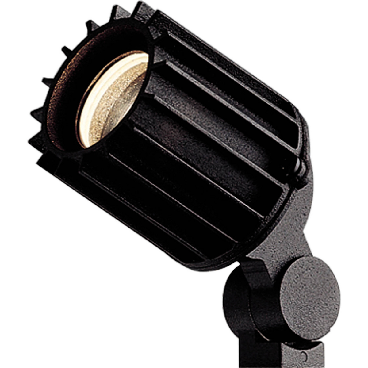 One-light low voltage spot light with sealed clear glass lens and a Black finish. The powder coat finish over the die-cast aluminum resists chipping, fading and the effects of salt air. Positive adjustment locking screws for aiming. External fins permit cooler operation of lamp. Mounting stake included. Units must be wired to a 12V transformer with proper capacity.