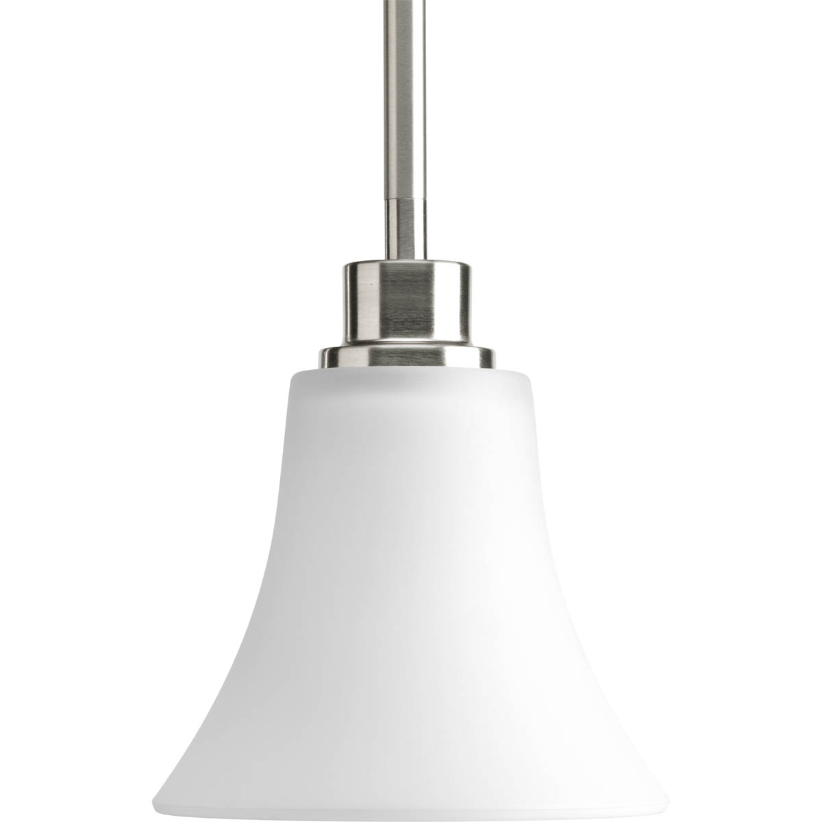 Gleeful simplicity defines this one-light mini-pendant with fluted glass from the Joy Collection. Refreshing and fashionable arcing forms of Brushed Nickel metal arms enhance the etched white fluted glass. Coordinating fixtures from this collection let you decorate an entire home with confidence and style. The unique construction comes with two 6 inch stems and one 72 inch chain to allow the fixture to hang straight and level at any height. For stem hanging fixtures one or two links of chain are still required.