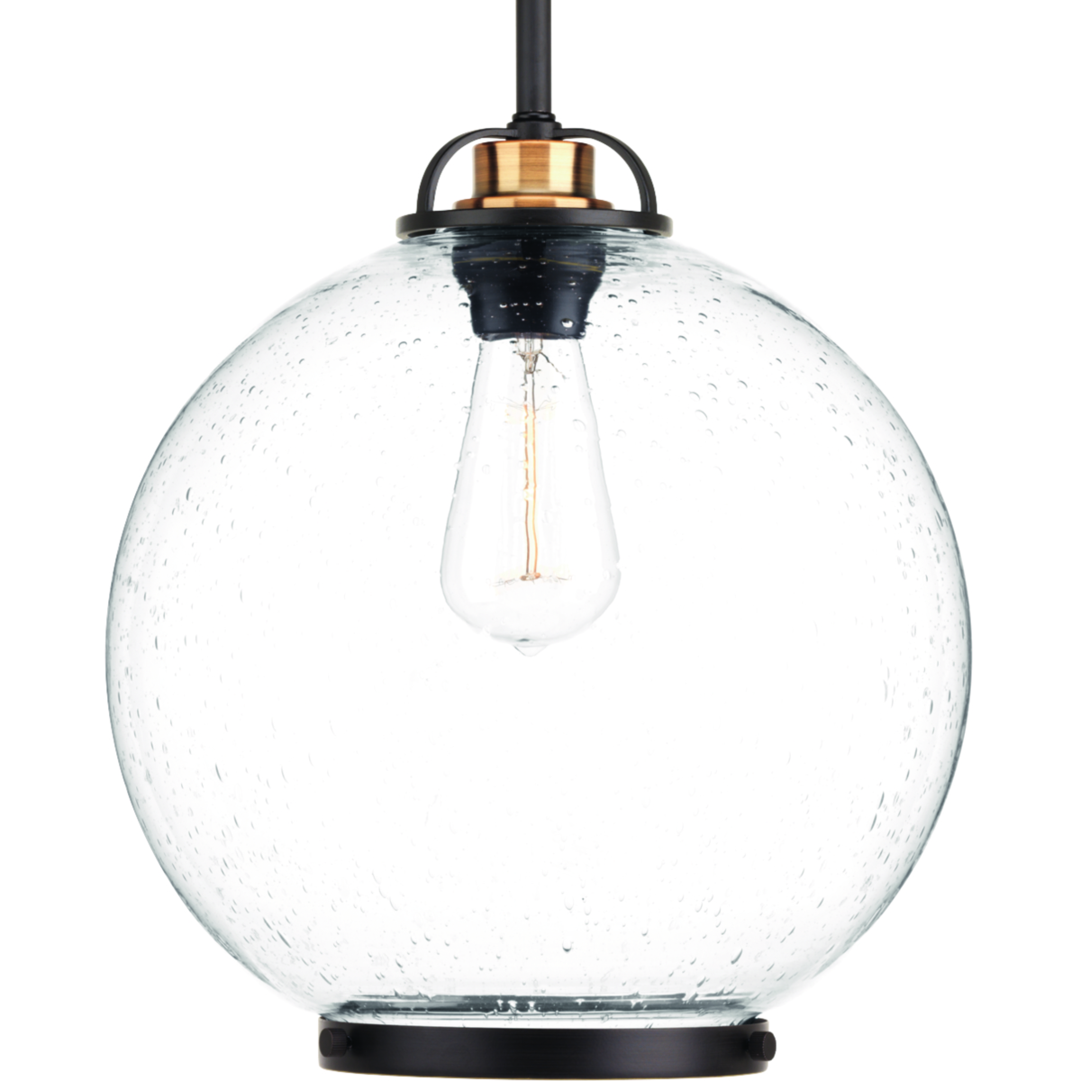 Chronicle one-light pendants add visual interest and are ideal for commercial-style home kitchens or vintage dining areas. A metal trim accent ring adds a finishing touch the spherical glass globe. Clear seeded glass with an Antique Bronze frame.