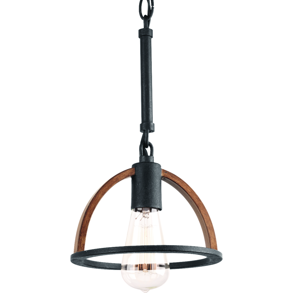 The one-light mini-pendant from the Trestle collection offers a handsome look for industrial or rustic living spaces. Featuring a hand painted cage with geometric elements, Gilded Iron finish and hand-painted oak accents.