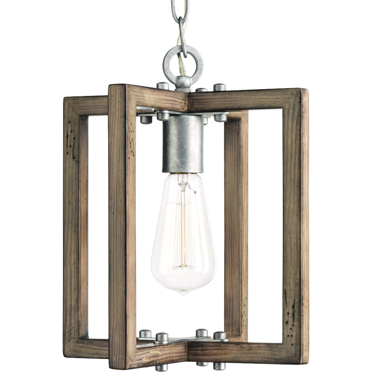 Nautical and coastal-inspired one-light mini-pendant is popular in a variety of today's home designs. Turnbury pendants feature a solid wood frame surrounded with hand-painted, galvanized metal fittings. The distressed frame finish is reminiscent of driftwood that has been weathered in the sun.