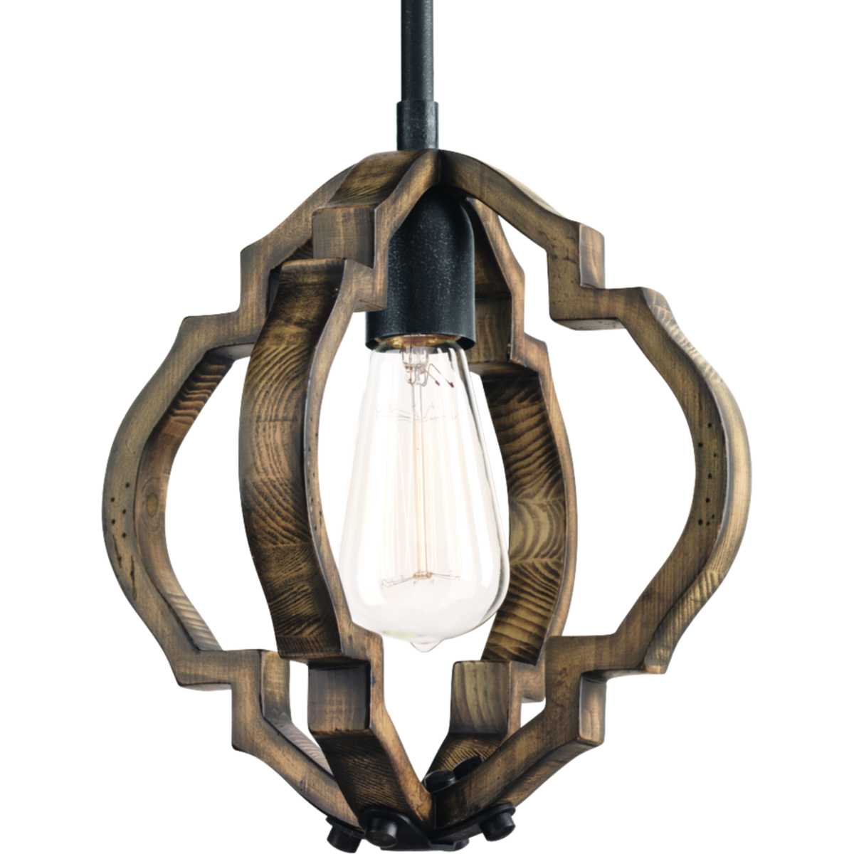 The statement-making one-light Spicewood mini-pendant features a rich, solid wood surrounded in a classic quatrefoil pattern. Wrought iron metal fittings in a Gilded Iron finish are paired with a distressed pine frame to complement rustic and reclaimed design styles.