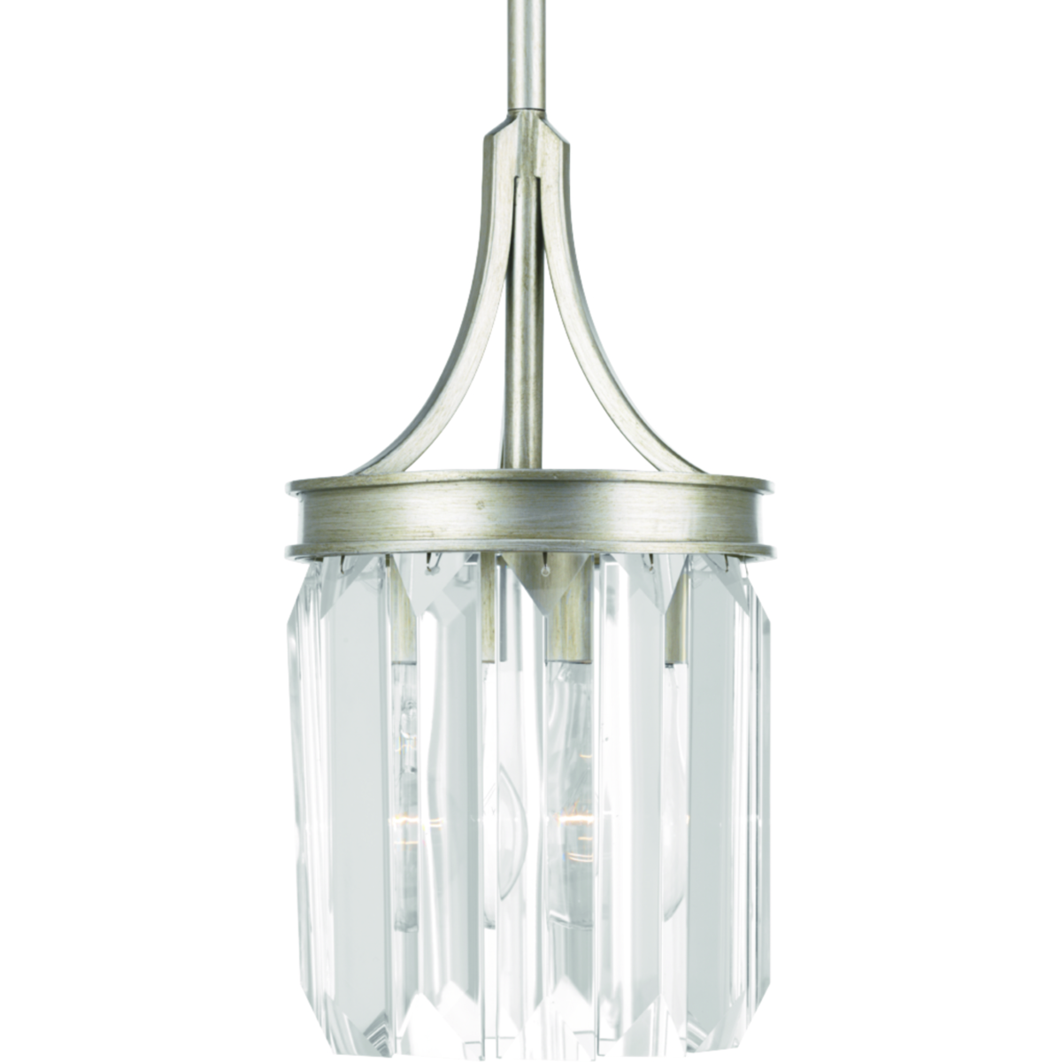 Glimmer fits the definition of livable luxury with elements that sparkle to create an instant statement within the home. Prismatic glass one-light mini-pendants are supported by an architecturally- styled frame in Silver Ridge finish. The cascade of faceted linear glass deliver a sleek silhouette to any room.