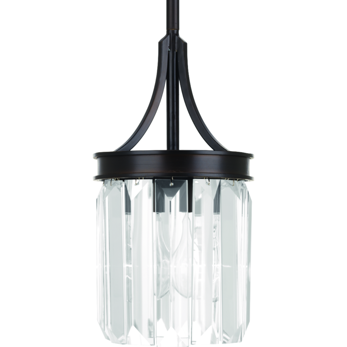 Glimmer fits the definition of livable luxury with elements that sparkle to create an instant statement within the home. Prismatic glass one-light mini-pendants are supported by an architecturally- styled frame in Antique Bronze finish. The cascade of faceted linear glass deliver a sleek silhouette to any room.