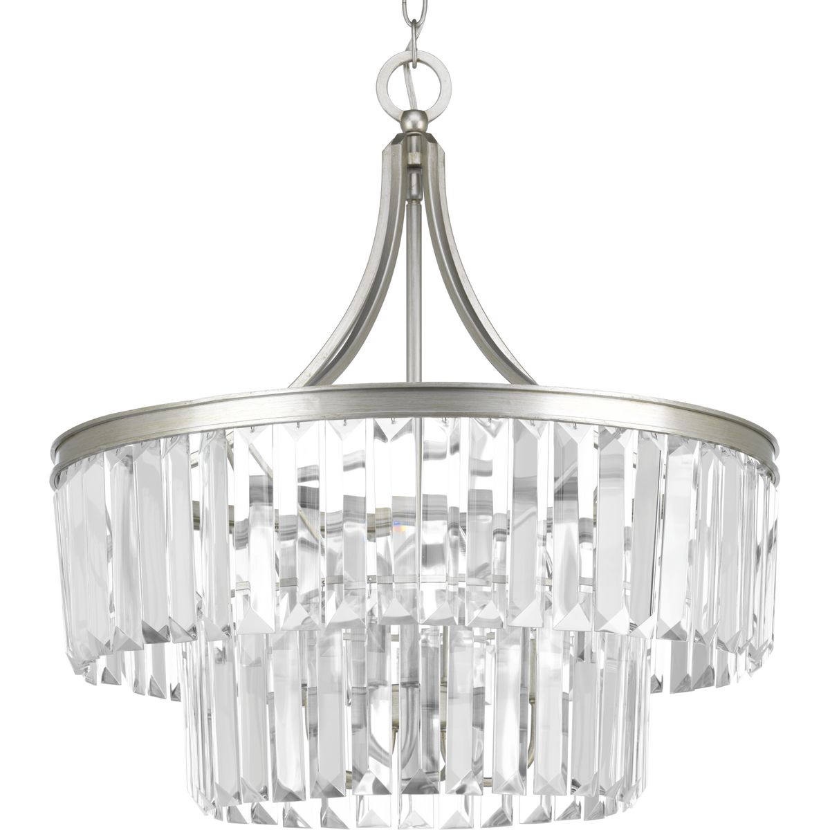 Glimmer fits the definition of livable luxury with elements that sparkle to create an instant statement within the home. Prismatic glass five-light pendants are supported by an architecturally- styled frame in Silver Ridge finish. The cascade of faceted linear glass deliver a sleek silhouette to any room.