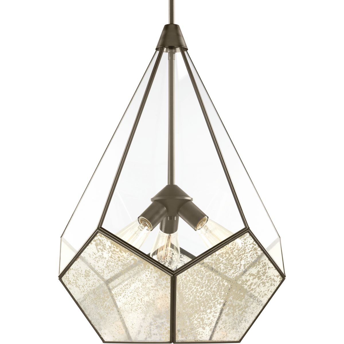 Cinq finds inspiration from modern geometric designs and the beauty of contrasting elements. Five-sided bottom panels feature antique mirrored glass, while the upper panels are comprised of clear glass. This three-light pendant fixture from our Design Series collections is finished in Antique Bronze.
