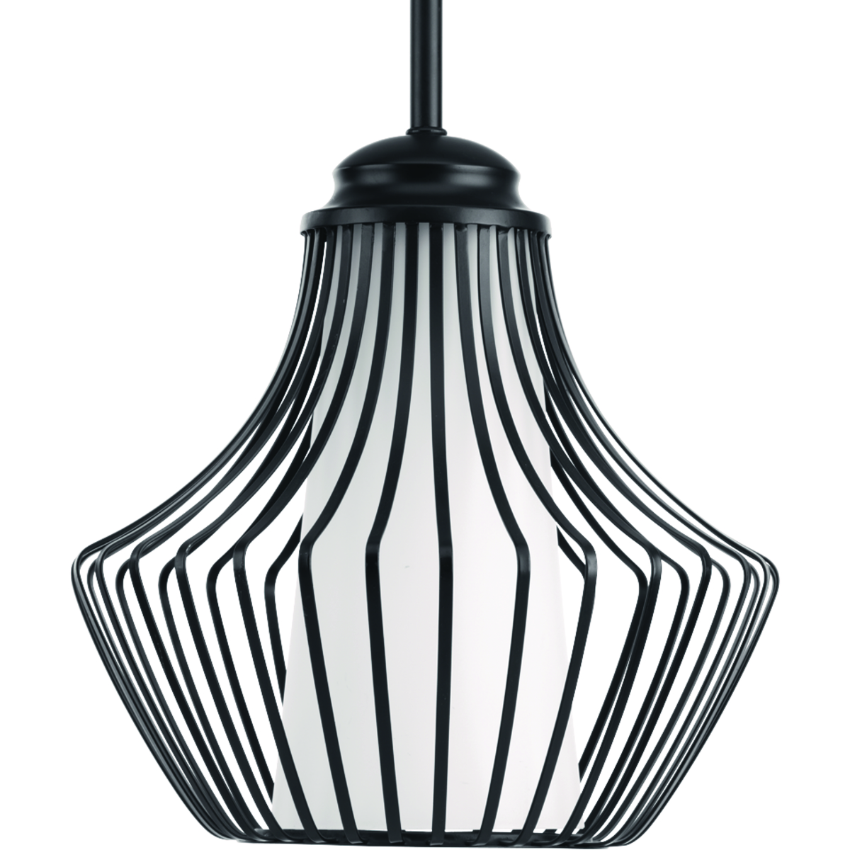 The one-light pendant from the Finn collection takes a new perspective on an open cage design. The beautifully graphic frame in a matte Black finish wraps around an etched white glass shade creating a focal aperture for a single bulb. Black finish.