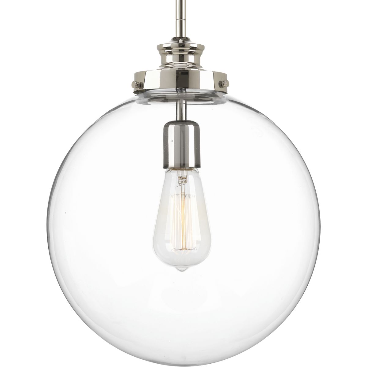 One-light large pendant with a modern take on vintage electric design with a clear glass sphere in a Polished Nickel finish.
