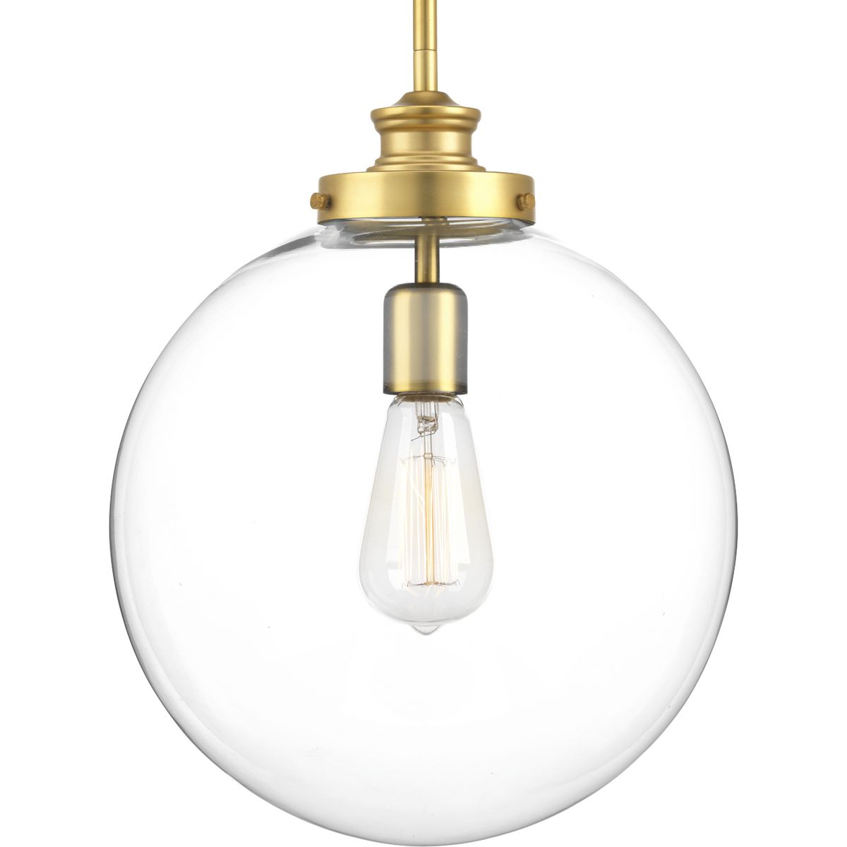 One-light large pendant with a modern take on vintage electric design with a clear glass sphere in a Natural Brass finish.
