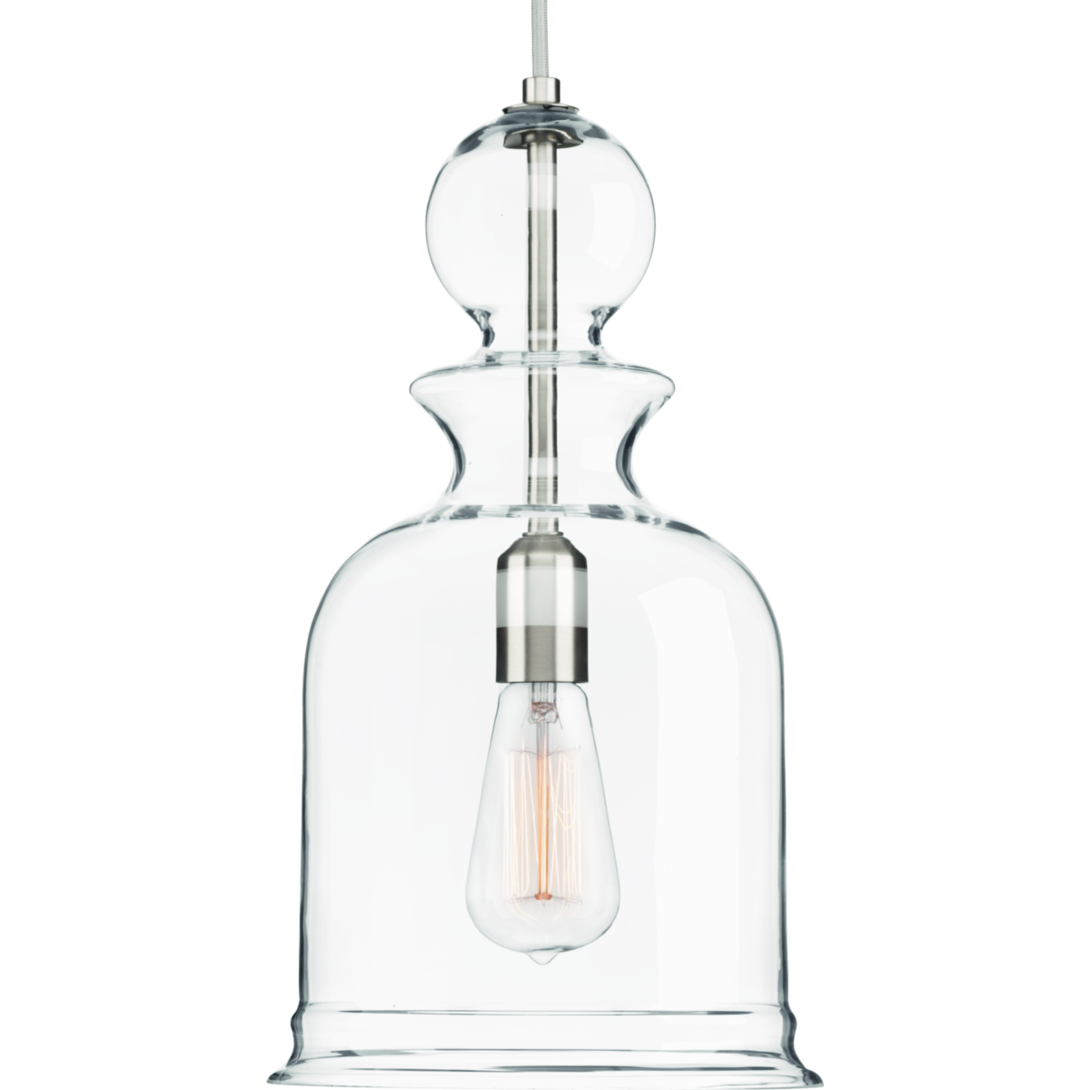Inspired by the stacked modern elements of items found in Parisian boutiques, Staunton's chess piece bell silhouette offers a signature focal point. A hint of Brushed Nickel peeks through the clear glass. The multiple shapes and glass options offers the ability to mix and match for customized look.