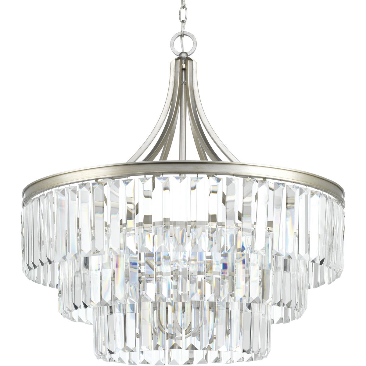 Glimmer fits the definition of livable luxury with elements that sparkle to create an instant statement within the home. Prismatic glass six-light round pendant is supported by an architecturally- styled frame in Silver Ridge finish. The cascade of faceted linear glass deliver a sleek silhouette to any room.