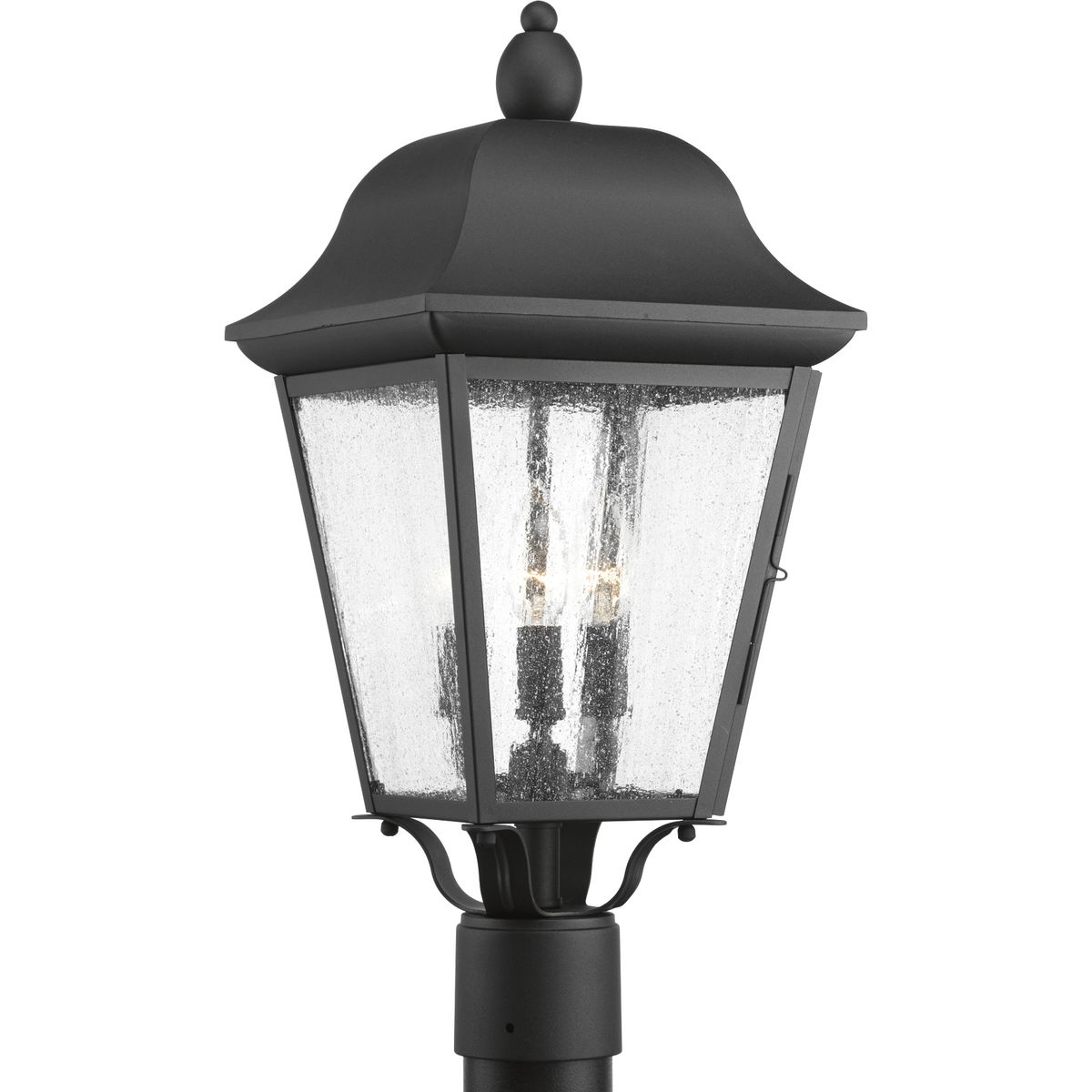 Enjoy the updated classic styling for a variety of outdoor applications in the Kiawah collection. The three-light post lantern features seeded glass panels and traditional detailing combine to create a soft and updated lantern design. Hinged door for easy relamping.