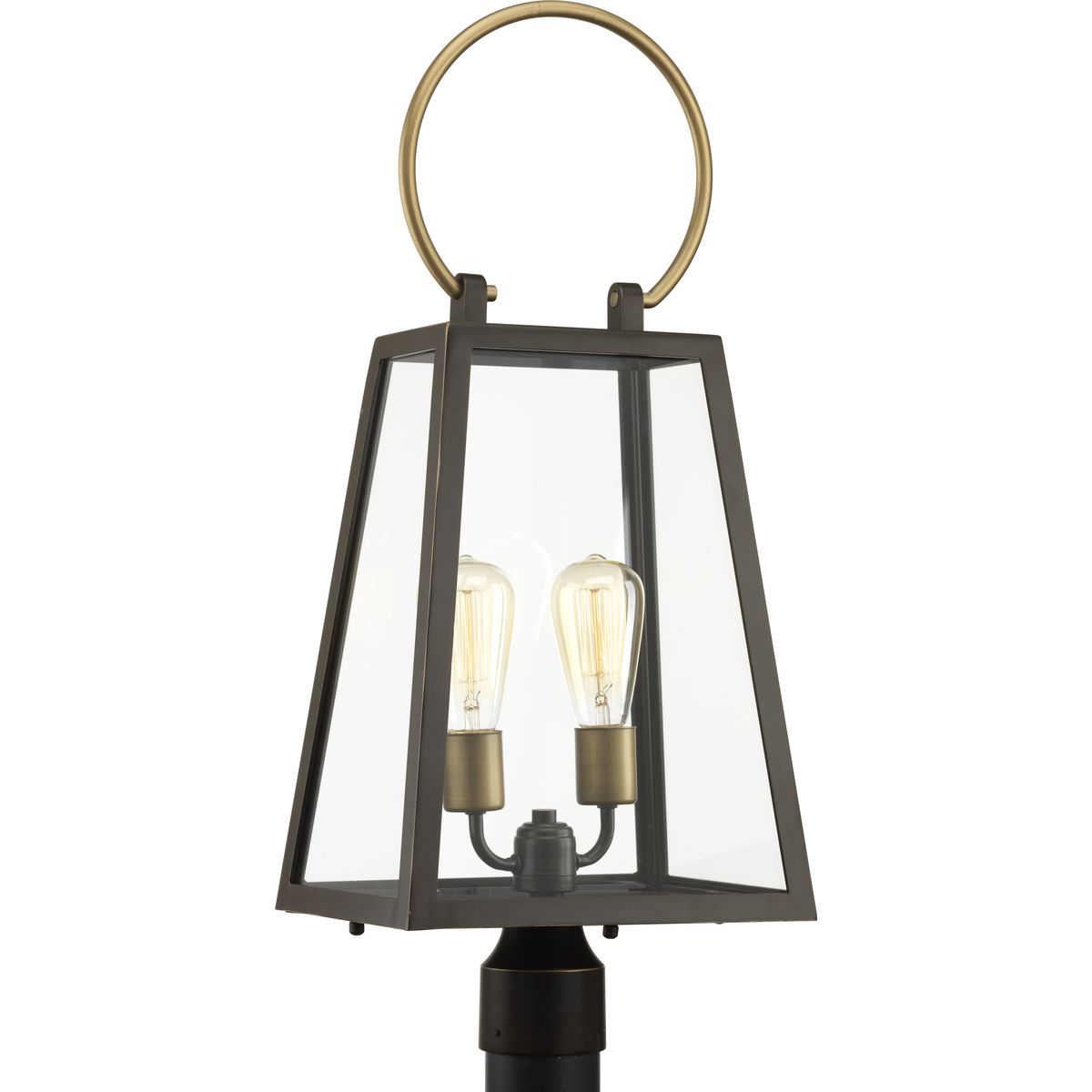 Barnett lanterns deliver timeless appeal with a decidedly modern flair. Large clear panes of glass frame your choice of traditional or vintage style bulbs. A graphic-inspired overscaled loop features a contrasting brass-tone finish. Two-Light Post Lantern.