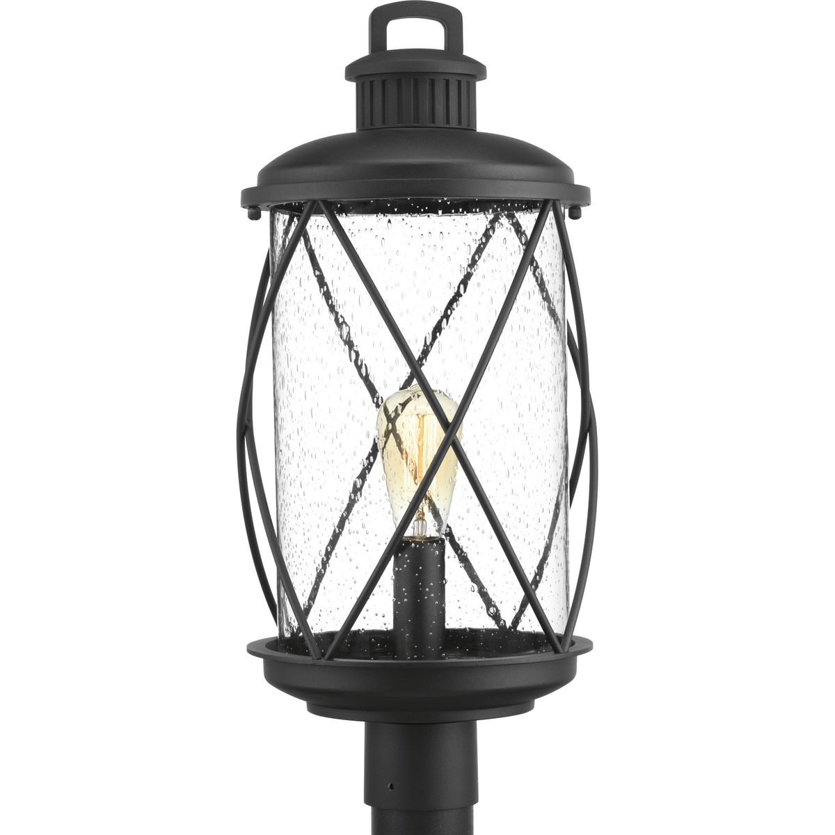Hollingsworth post lantern features a crisscross design that surrounds clear seeded glass, emulating popular farmhouse decor. Ideal for a variety of transitional exteriors when paired with either vintage or traditional bulbs. Includes wall and hanging options.
