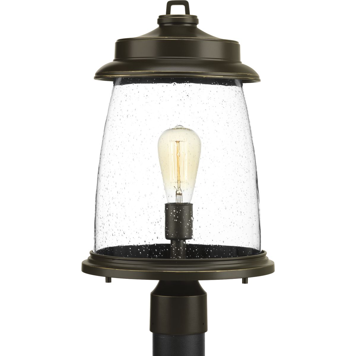 Conover is an outdoor lantern collection featuring nautical influences. A protective die cast ring surrounds beautiful clear seeded glass. Vintage metallic finishes are available for this collection that is sure to enhance curb appeal for a variety of exteriors. Post Lantern in a Antique Bronze finish.