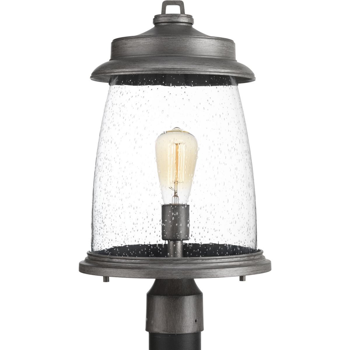 Conover is an outdoor lantern collection featuring nautical influences. A protective die cast ring surrounds beautiful clear seeded glass. Vintage metallic finishes are available for this collection that is sure to enhance curb appeal for a variety of exteriors. Post Lantern in a Antique Pewter finish.