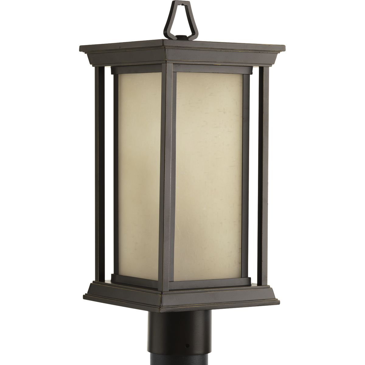 One-light post lantern with a Craftsman-inspired modern silhouette, Endicott offers visual interest when both lit and unlit. The elongated frame is elegantly finished with linen glass diffuser.