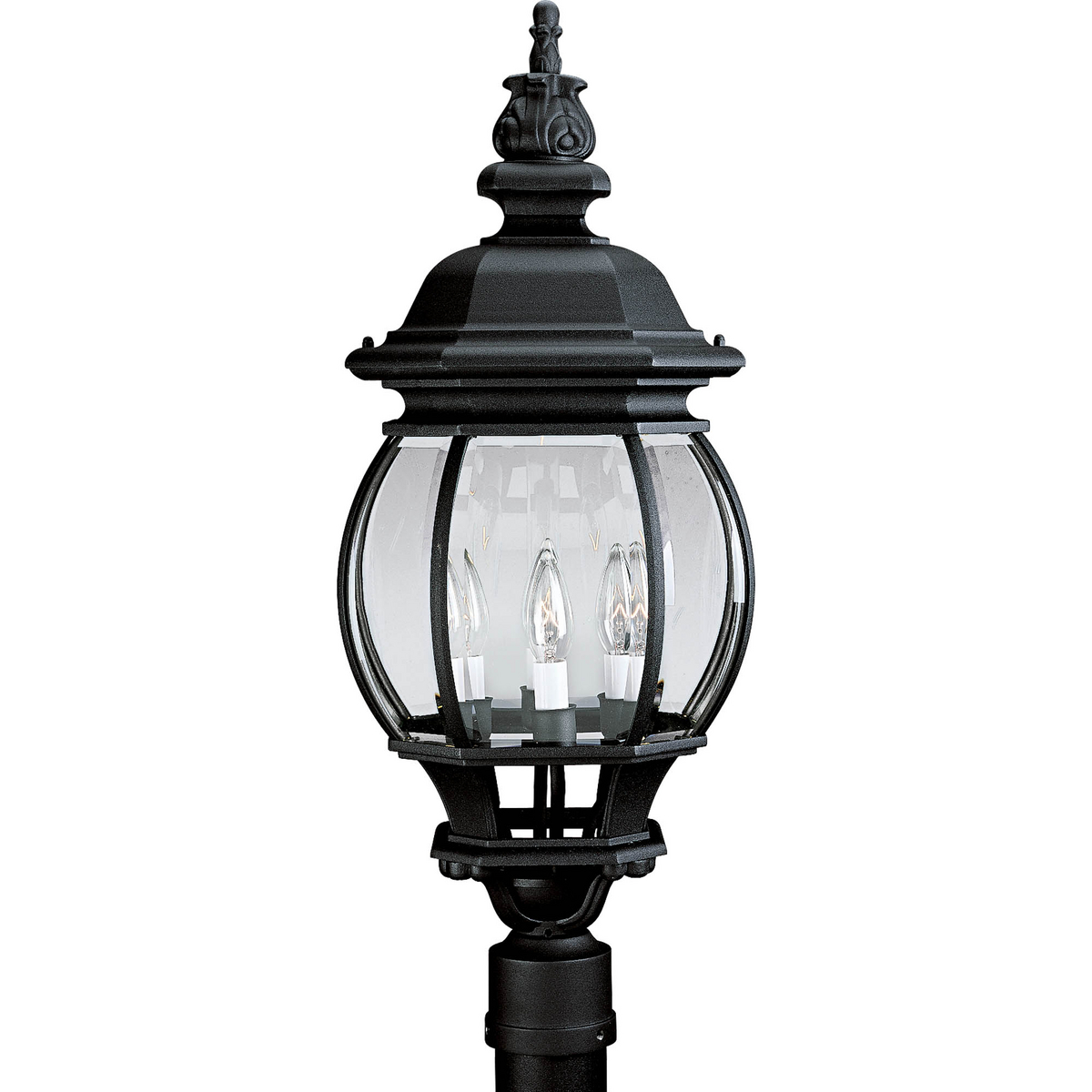 Detailed finials, end caps and scroll work in a durable power coat finish, featuring clear beveled glass panels and cast aluminum frames. Four light post lantern.