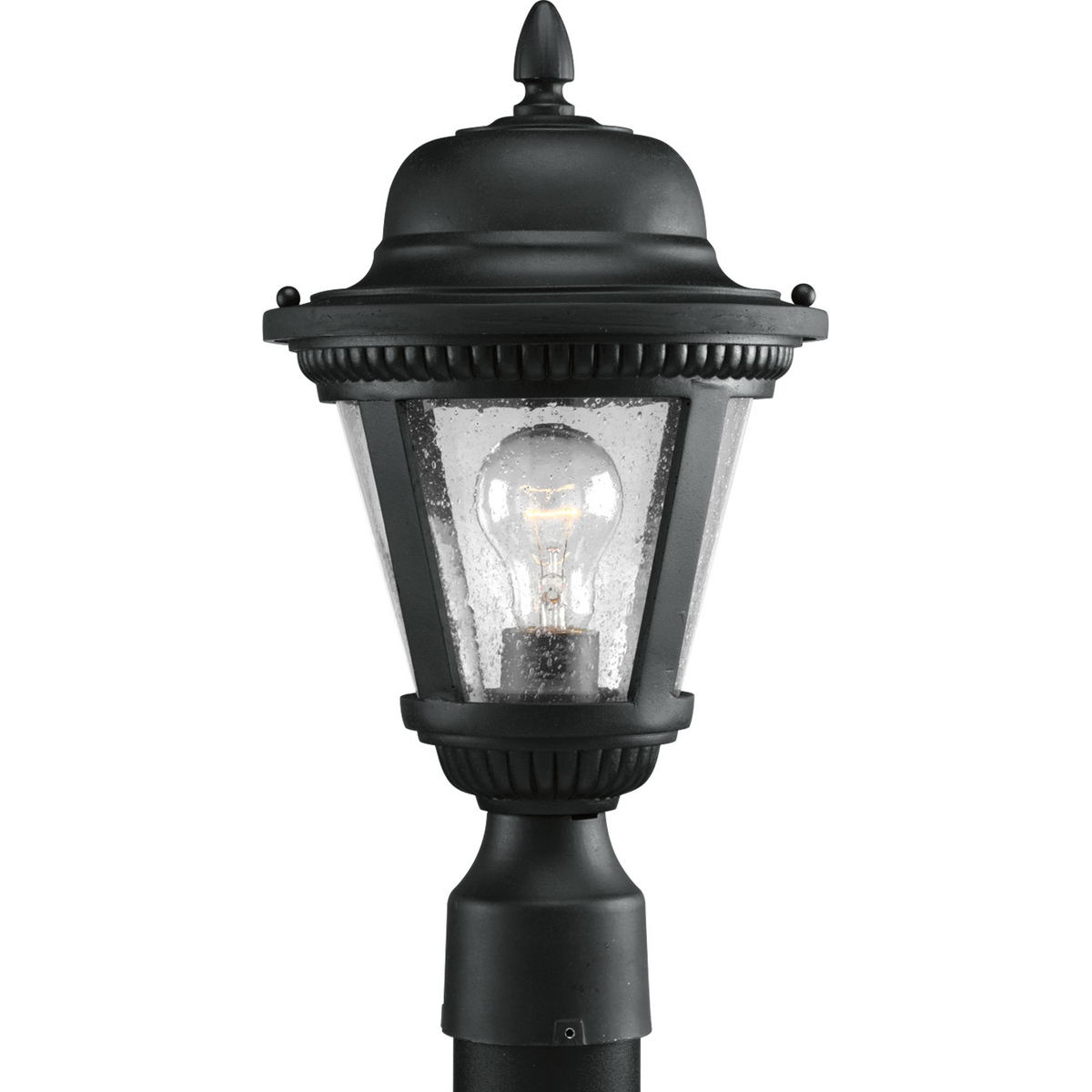 Add a touch of rustic appeal and classic styling with beaded detailing in the Westport collection. Clear seeded glass compliments the durable powder coat finish in die-cast aluminum frames. One-light 9 in post lantern. Textured Black finish.